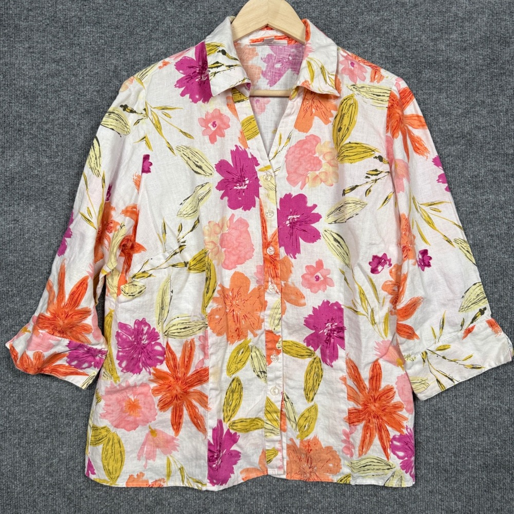 JM Collection Plus Size 14W Shirt Blouse White Floral Linen 3/4 Sleeves Collared